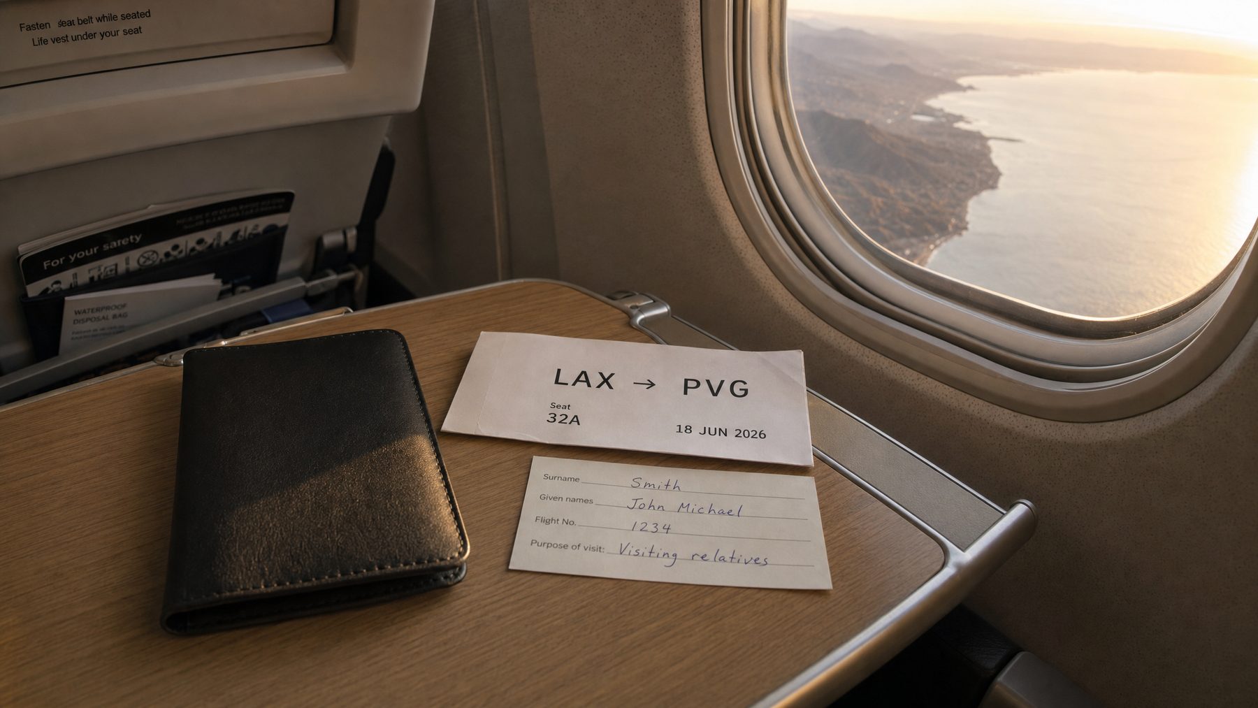 金色时分的飞机舷窗外是海岸线，小桌板上放着深色护照夹、一张 LAX 到 PVG 的登机牌和一张入境申报卡